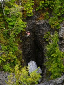 repelling into a deep cave in White Ridge Provincial Park
